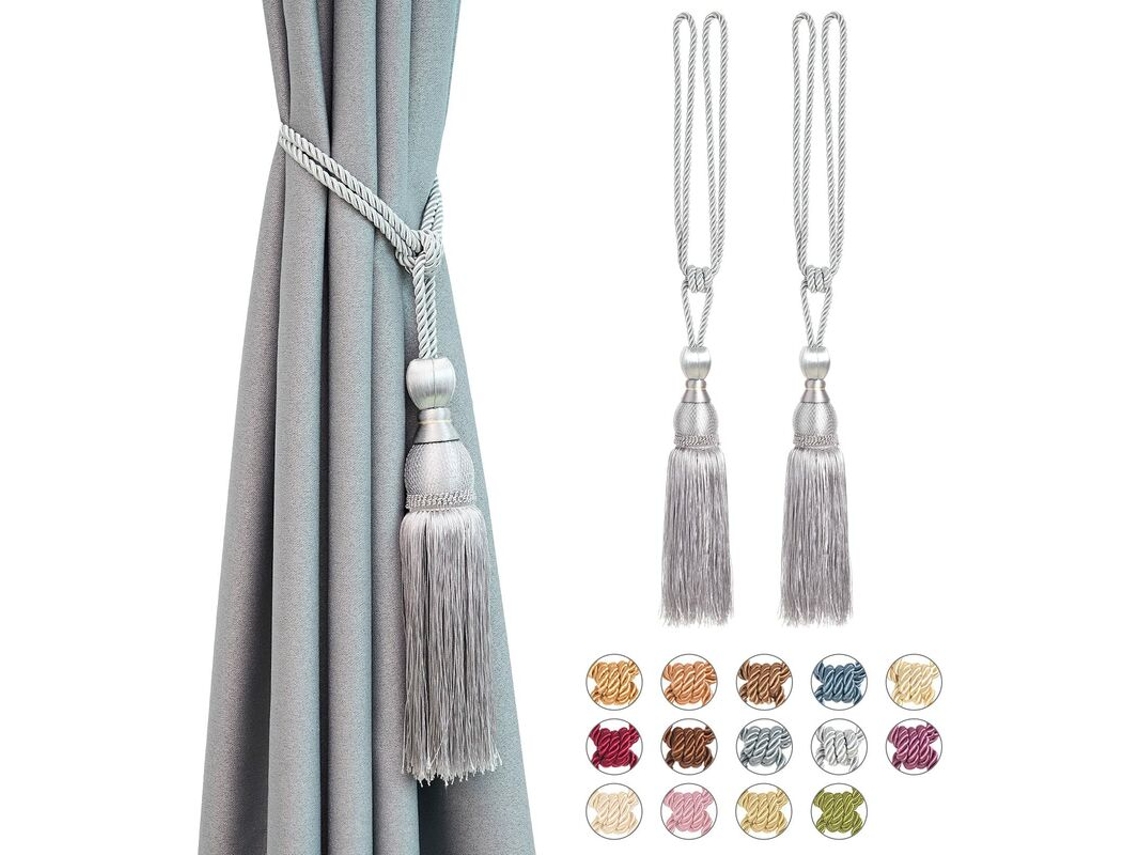 Conjunto De 2 Prendedores De Cortina Decorativos Em Tela Com Borlas E Corda Trançada À Mão(cinza Prateado)