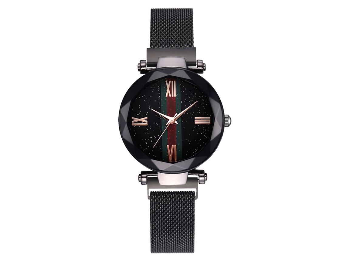 Relógio feminino com estampa de céu estrelado, pulseira de malha magnética e movimento de quartzo (preto)