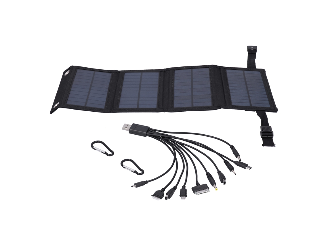Painel solar portátil dobrável Primerox de 10 W para transporte via USB, ideal para viagens e camping.