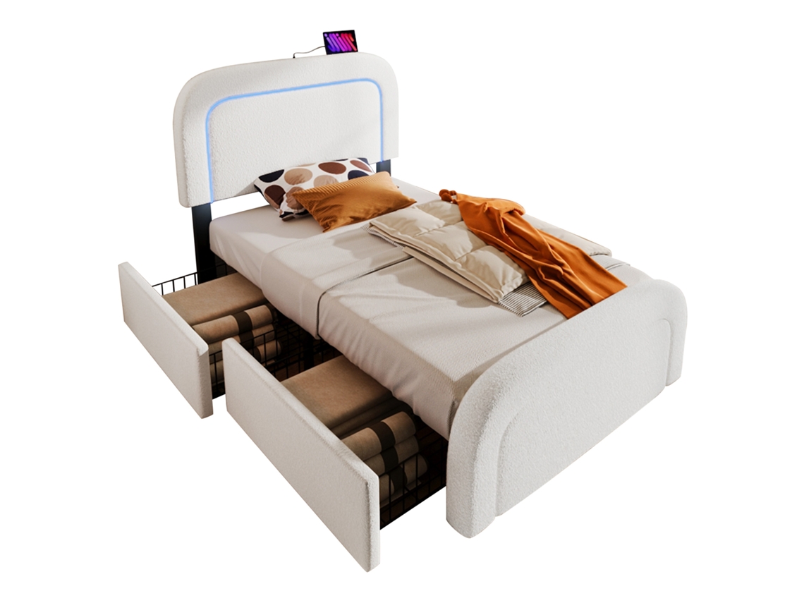 Cama Solteiro Estofada 90x200cm com Usb Tipo C,led,2 Gavetas e Cabeceira Ajustável,estrutura de Madeira Sherp Branco PAPRIKA