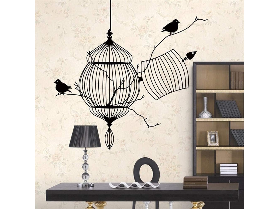 Adesivos de parede em PVC com gaiola de pássaros e galhos para decoração de sala de estar, 50x57 cm