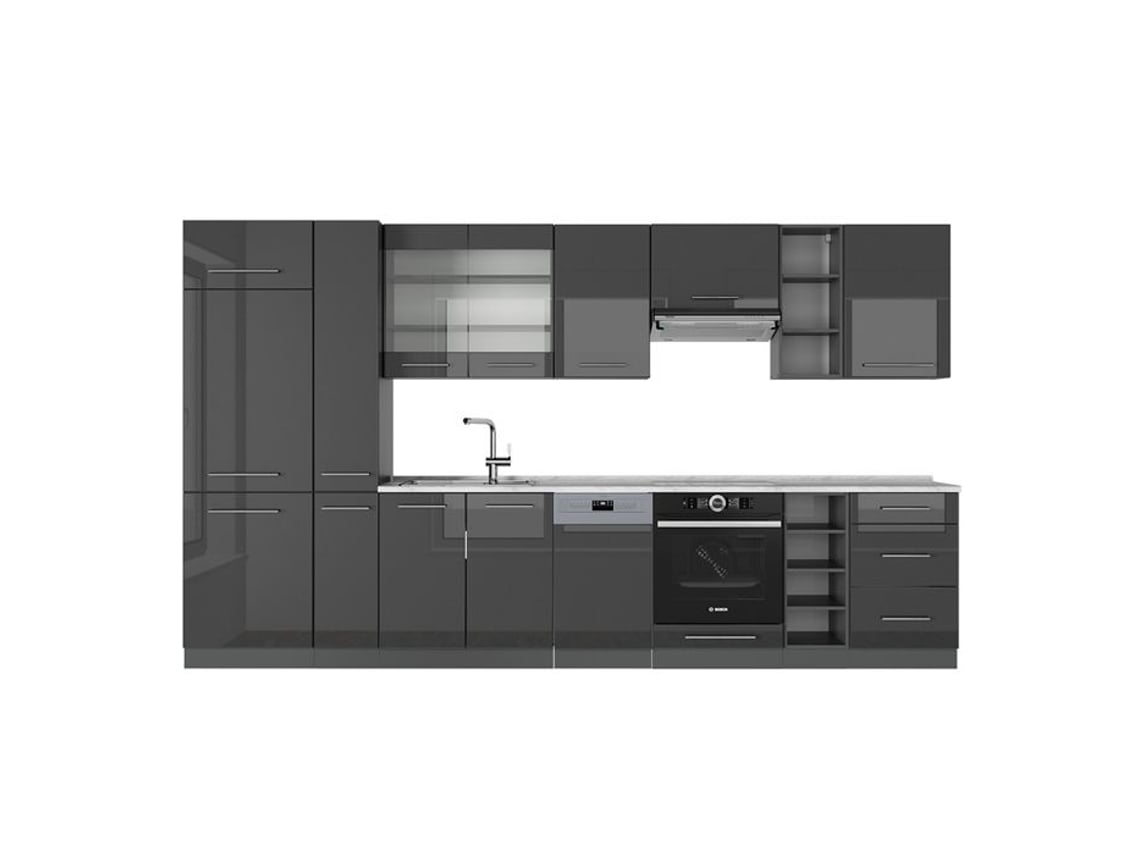 Culinária Fame Line, 355cm, Pt Mármore, Antracite Alta Brilho, Antracite, Vicco