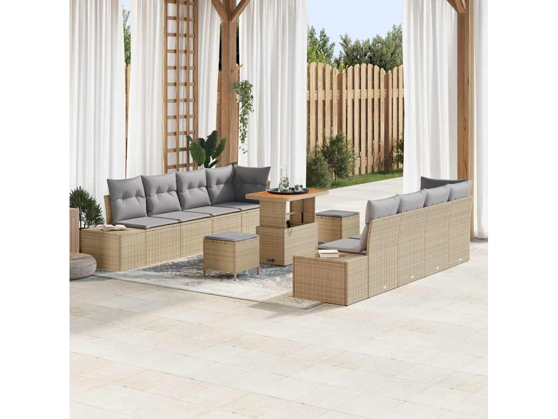 Vidaxl Conjunto De Sofá De Jardim Com Almofada 11 Pcs Bege Vime Pe