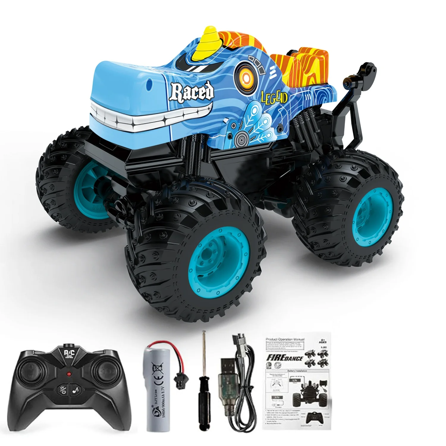 Carro de Controle Remoto 2.4g com Música, Luzes, Acrobacias e Cabeça de Tubarão Giratória 360 Graus MDUG (azul)