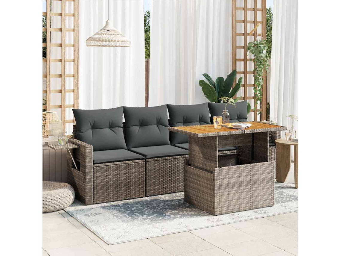 Vidaxl 5 Pcs Conjunto Sofás De Jardim C/ Almofadões Vime Pe Cinzento