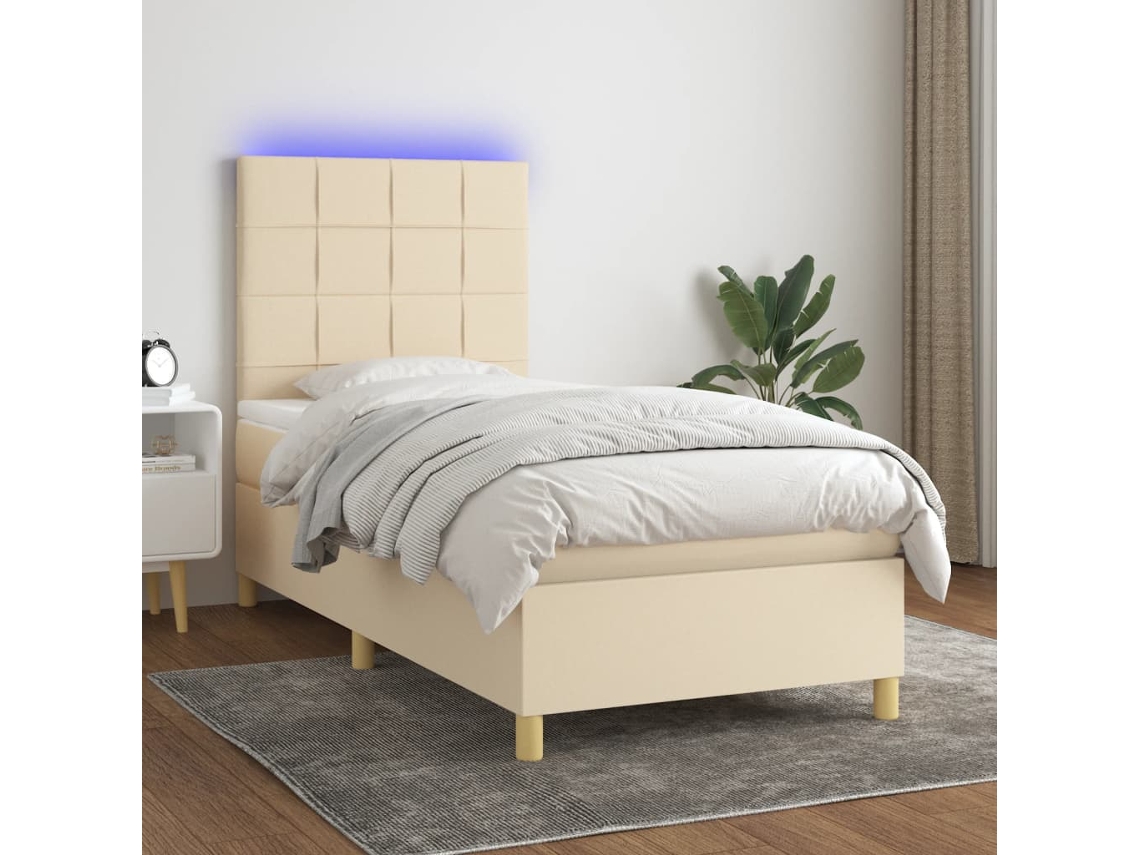 Vidaxl Cama Box Spring C/ Colchão E Led 80x200 Cm Tecido Cor Creme