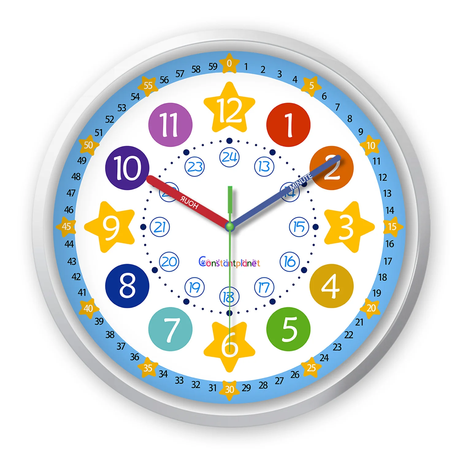 Relógio De Parede De Plástico Com 20 Cm (8 Polegadas) De Diâmetro, Com Numerais Coloridos, Formato Redondo E Estrela, Para Fins Educativos.