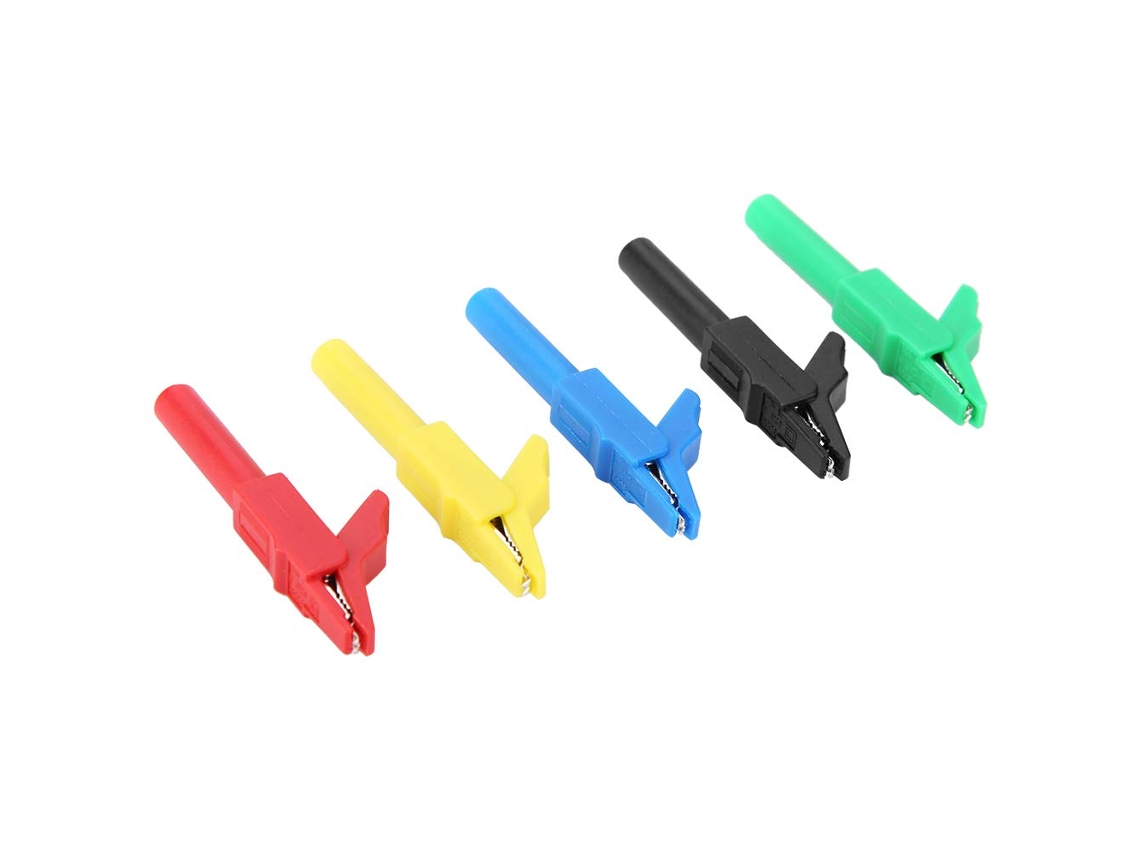 Conjunto de 5 garras Jacaré Topincn de 4 mm niqueladas para teste de firmeza em aplicações automotivas, de comunicação e outras.