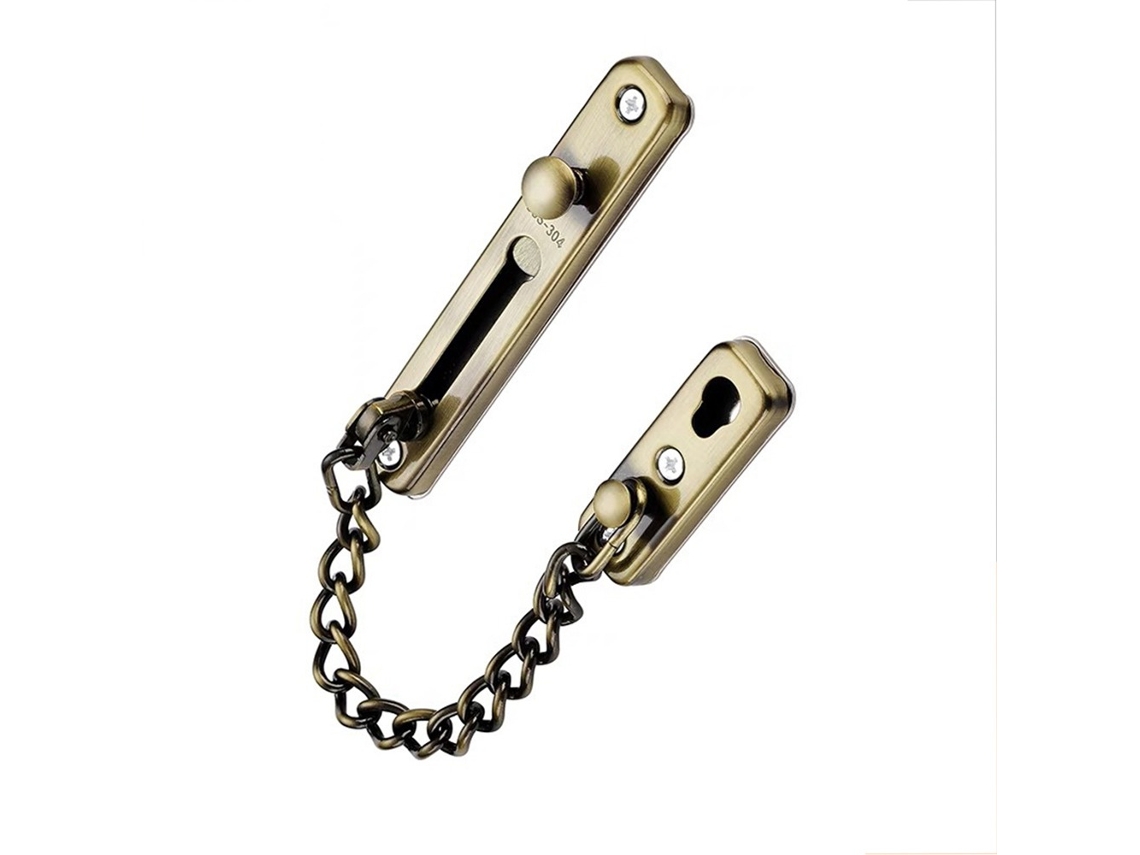 Fechadura Interna Para Porta - Trava De Segurança Sem Furos Com Corrente E Parafusos, Cor Bronze.