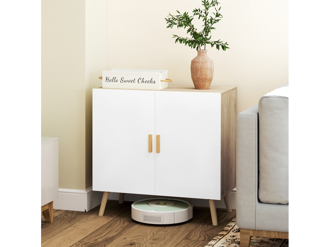 Buffet Meuble De Rangement Avec Poignées En Bambou Étagère Ajustable Base Surélevée 76 X 41,2 X 74 Cm Blanc Bois Naturel