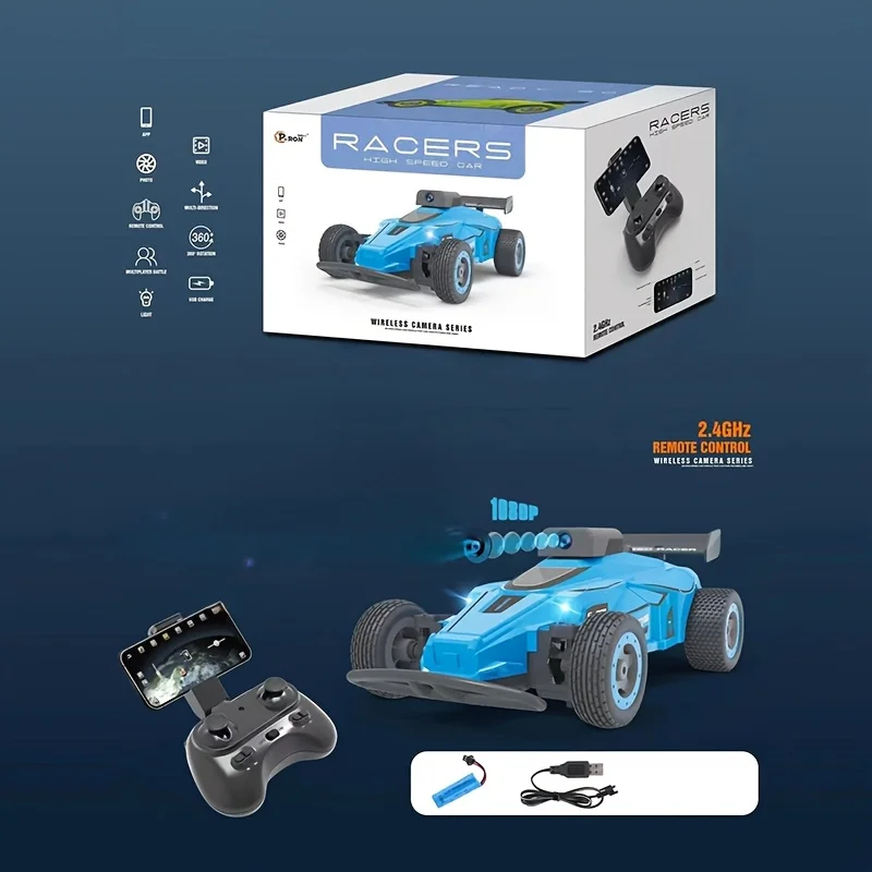 (azul) Carro De Corrida Com Controle Remoto De 2,4 Ghz Com Câmera E Luzes De Led