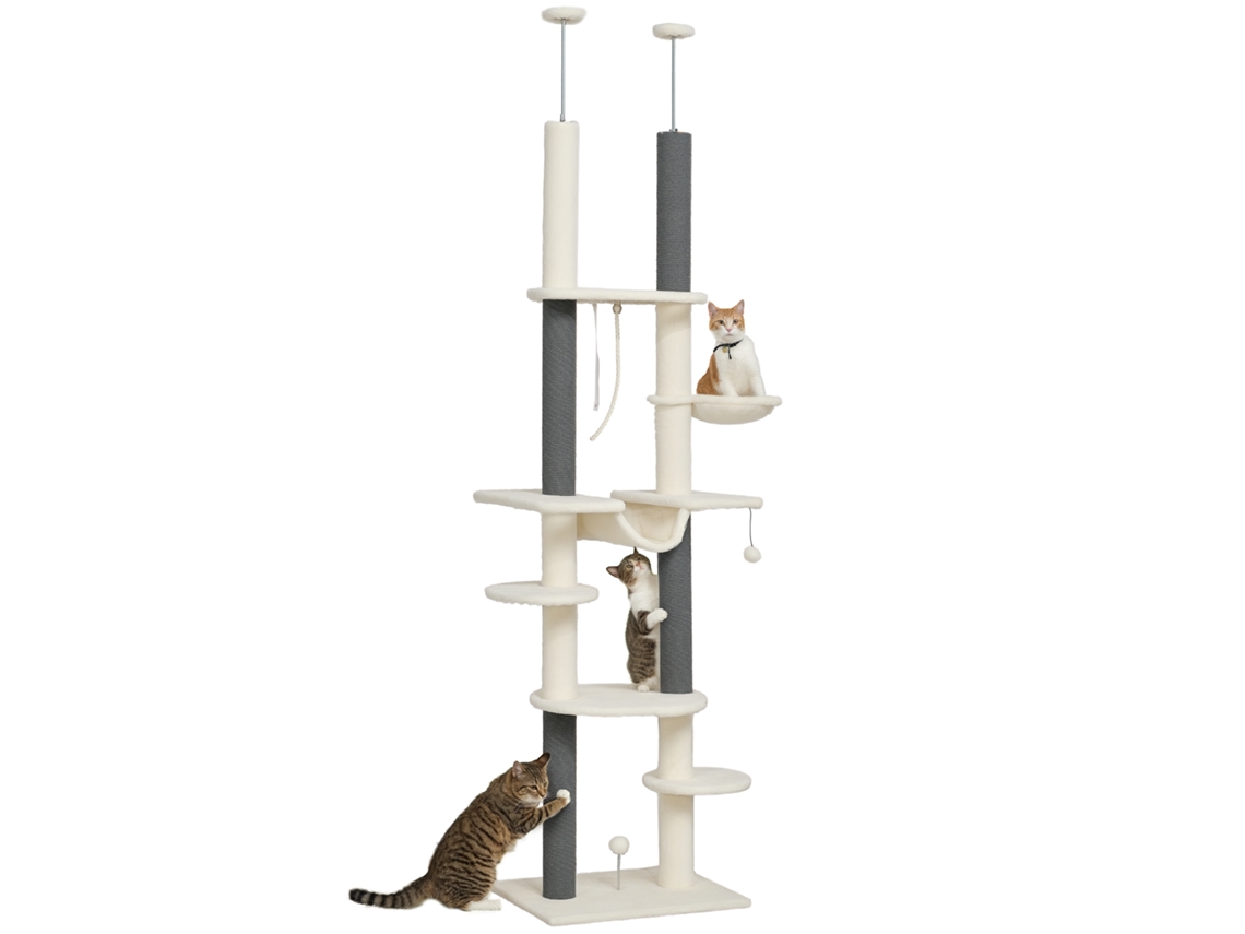Árvore para gatos ajustável de 225 a 255 cm, plataformas, redes de caça, proteção contra inclinação, branca | S/MARCA