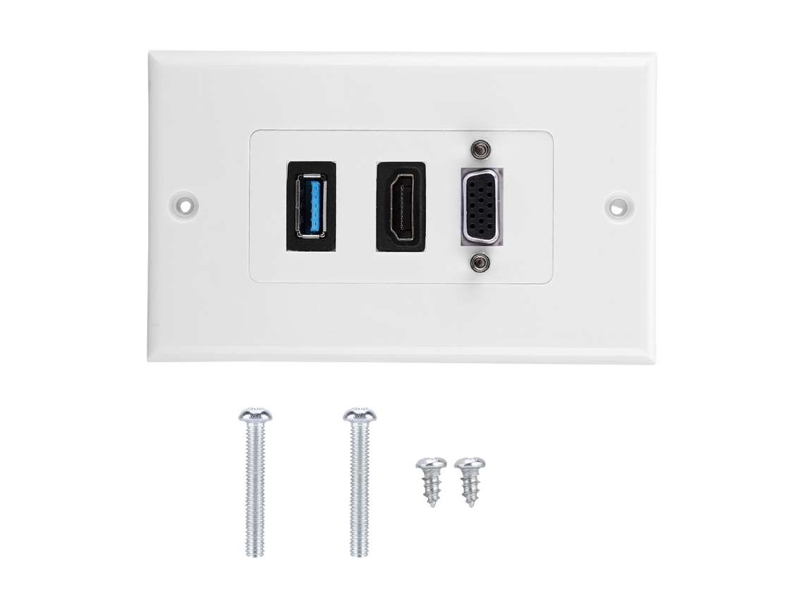 Painel de parede Mali com tomadas VGA, HDMI, USB 3.0, material ABS retardante à chama