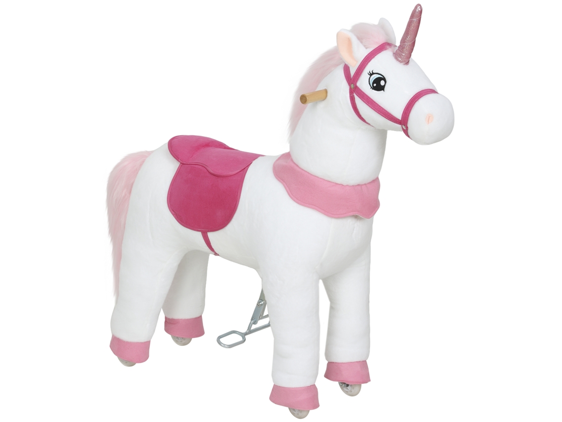 Cavalo De Balanço Unicórnio Branco Para 3-5 Anos, Capa De Tecido E Estrutura Robusta Com Rodas Macias