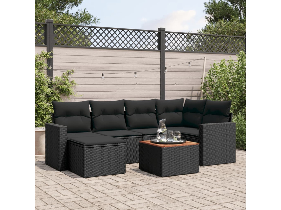Vidaxl 7 Pcs Conjunto De Sofás P/ Jardim C/ Almofadões Vime Pe Preto