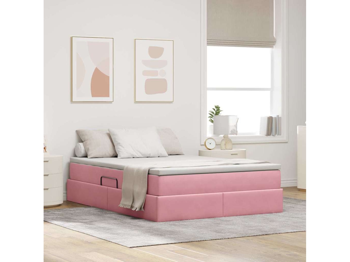 Vidaxl Cama Com Arrumação E Colchão Rosa 140 X 190 Cm Veludo