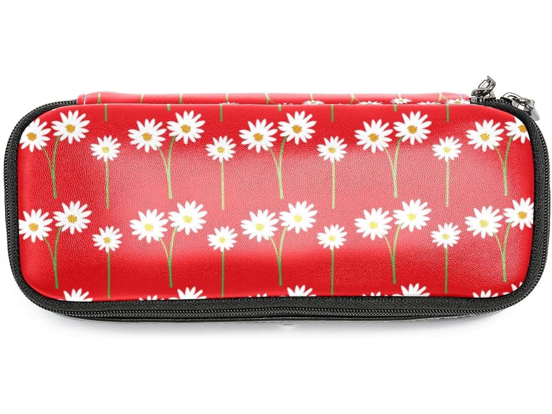 Estojo Retrô Com Estampa De Flores Brancas E Vermelhas, Grande Capacidade, Ideal Escola, Escritório, Adultos
