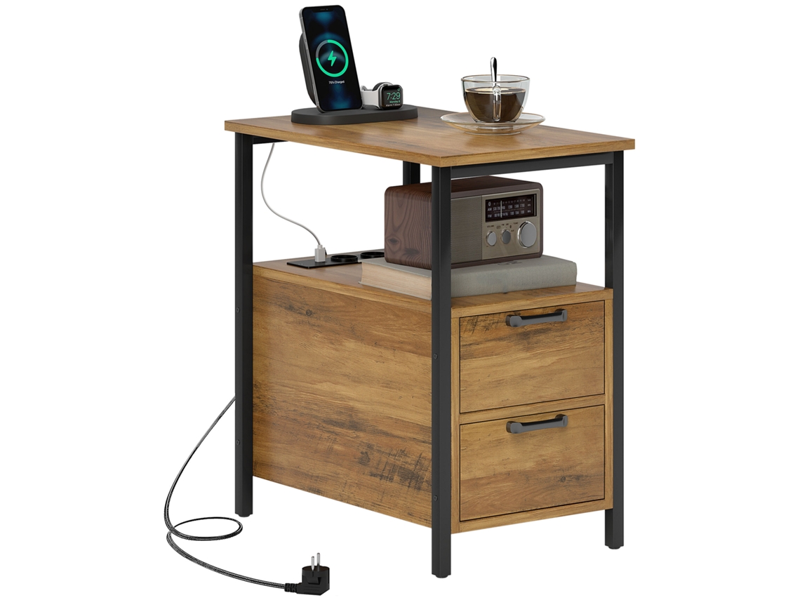 Mesa Lateral com 2 Portas USB, 1 Type C, Gavetas e Prateleiras em Madeira Natural SINI TECH STORE