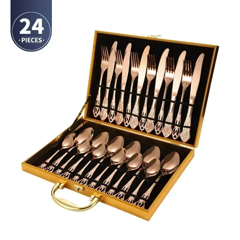 Conjunto de Talheres de Aço Inoxidável com Colher e Garfo Europeus Reais, Design Vintage, Lavável na Máquina de Lavar Louça MDUG (ouro Rosa, 24pcs)