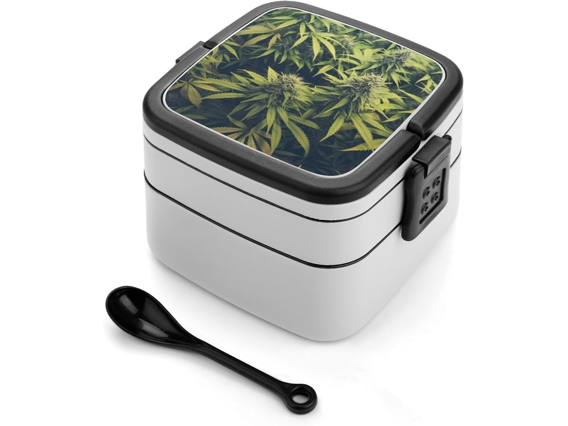 Green Weed Marmita Bento De Camada Dupla 1000ml, Empilhável, À Prova De Vazamentos, Com Colher, Recipiente Portátil De 2 Níveis