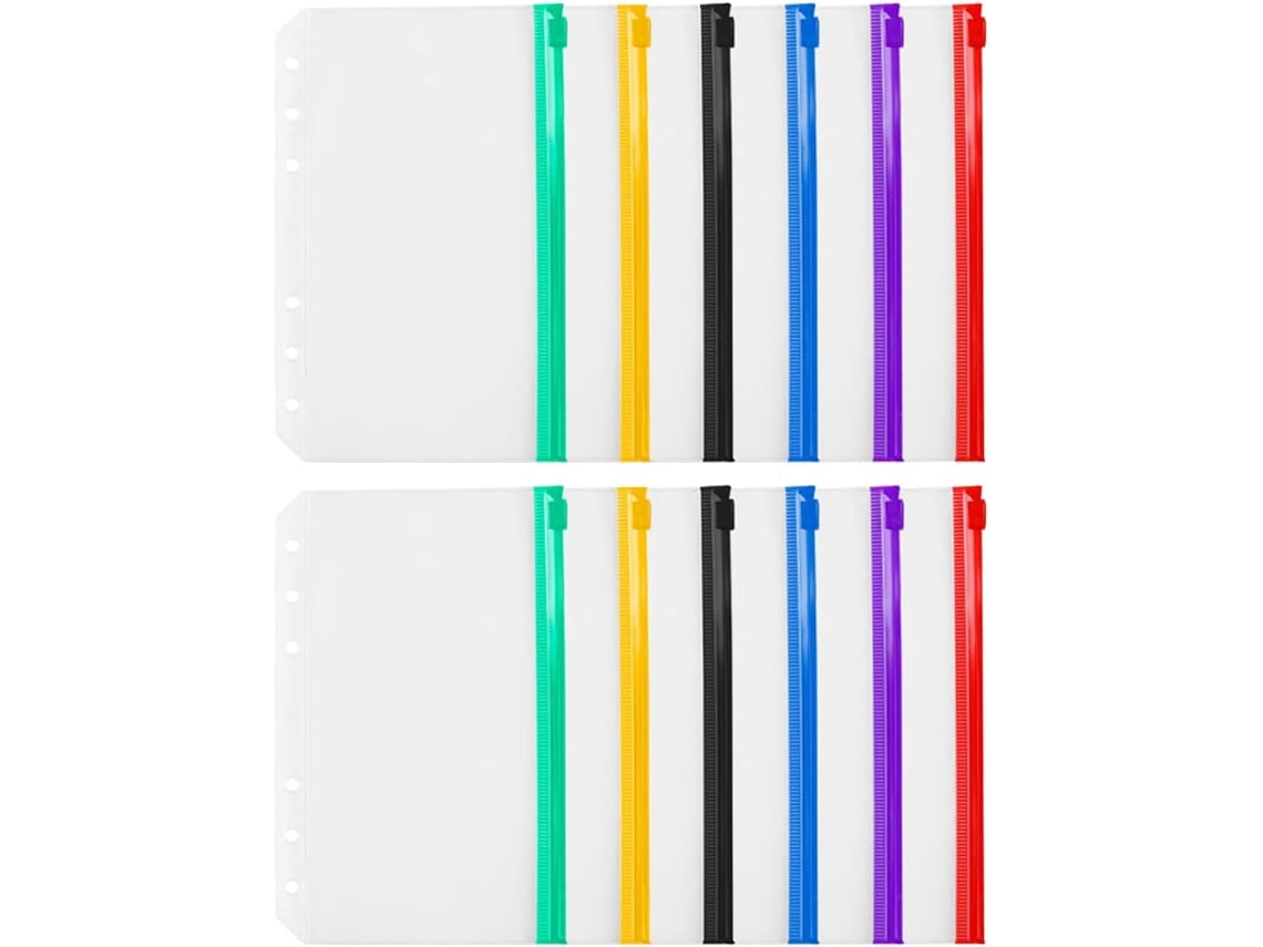 Conjunto de 12 pastas organizadoras A6 com zíper, em PVC resistente, com compartimentos separados, ideais para mesa.