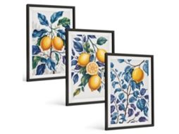 Quadros Decorativos Para Parede Limões, Galhos, Folhas Azuis Moldura Preta Fotos Para O Escritório Espelharte (3 Piezas De 40x60 Cm)