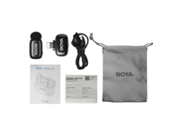 Microfone de lapela sem fio Boya Mini 2.4G com cancelamento de ruído, modificador de voz com IA e transmissão de 100 m para iPhone 14/13/12/11