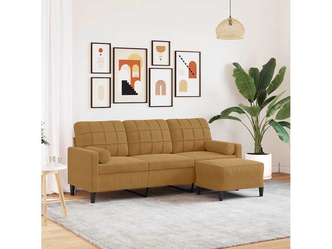 Vidaxl Sofá De 3 Lugares Com Apoio De Pés 180 Cm Veludo Castanho