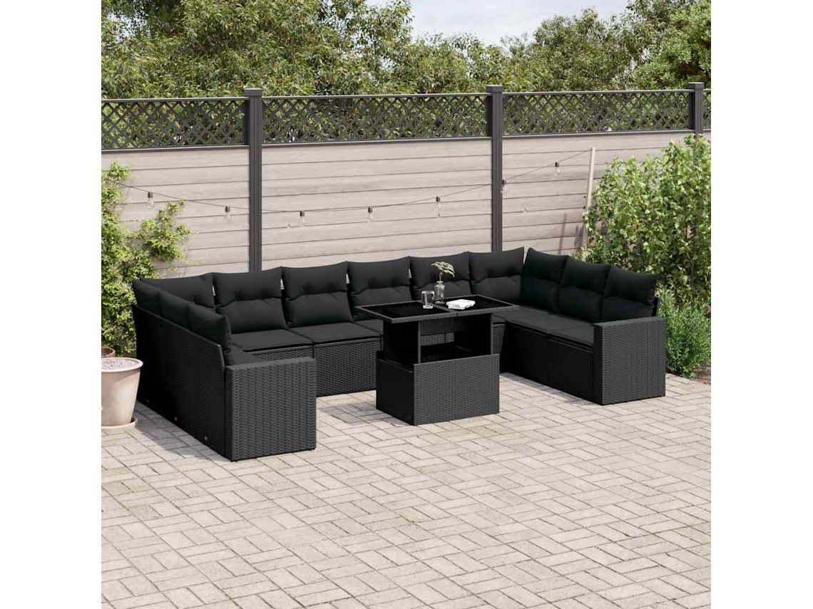 11 Pcs Conjunto Sofás De Jardim C/ Almofadões Vime Pe Preto Dkd Home Decor
