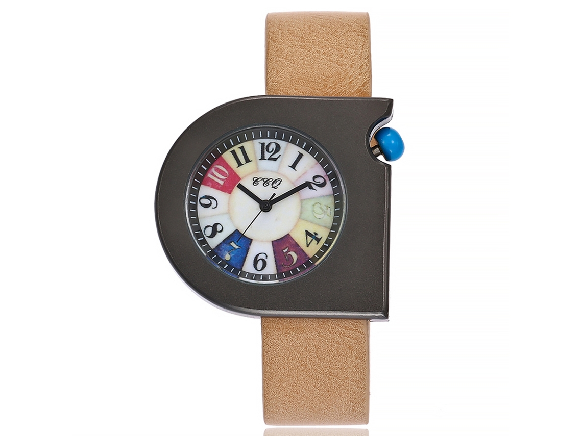 Relógio de Pulso Feminino Ccq Mod C214 Pulseira Pu Mostrador Giratório Quartzo