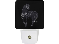 Luminária noturna em formato de cavalo árabe preto com sensor crepuscular.