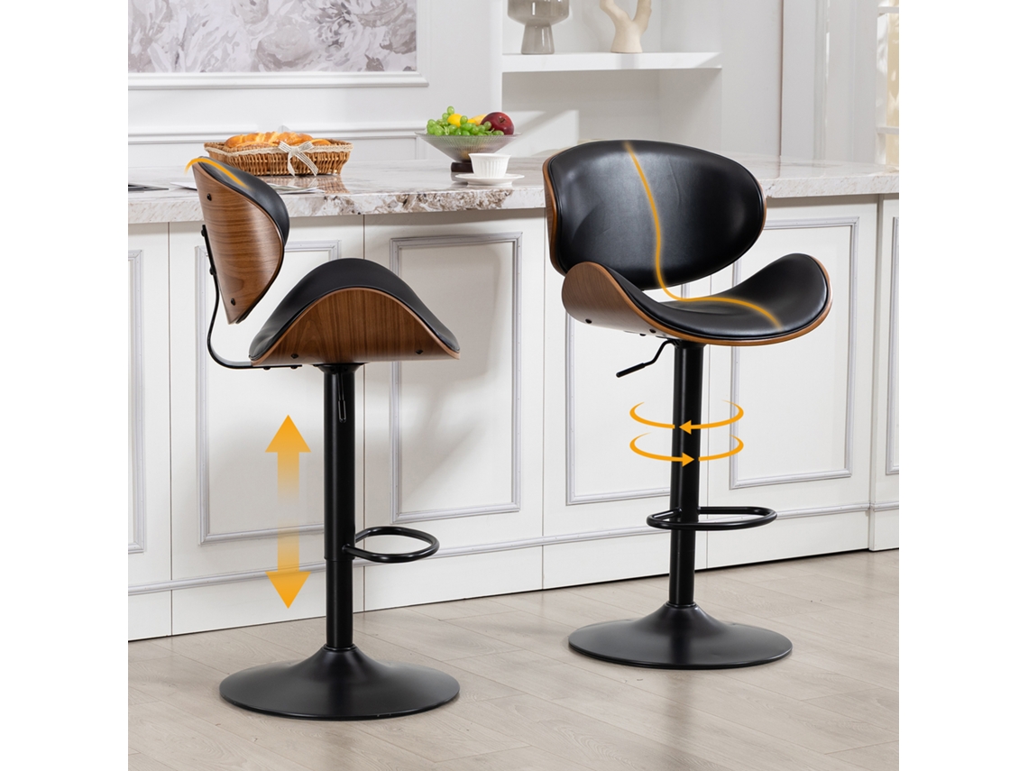 Conjunto 2 Banquetas Giratórias Madeira Curvada Couro Pu Preto