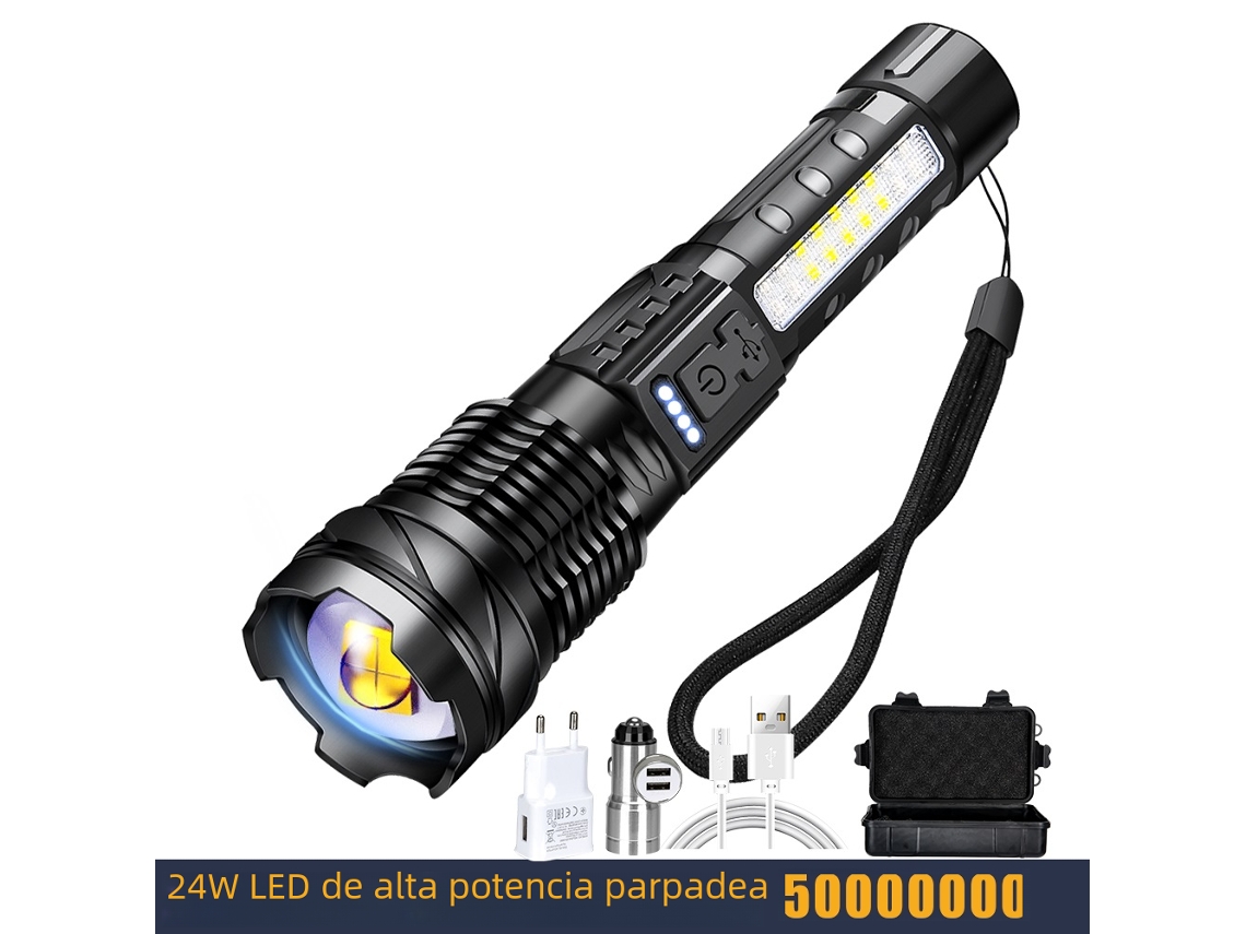 Lanterna Tática Led De Alta Potência De 24w Com Bateria 18650 Integrada E Função De Iluminação De Emergência.
