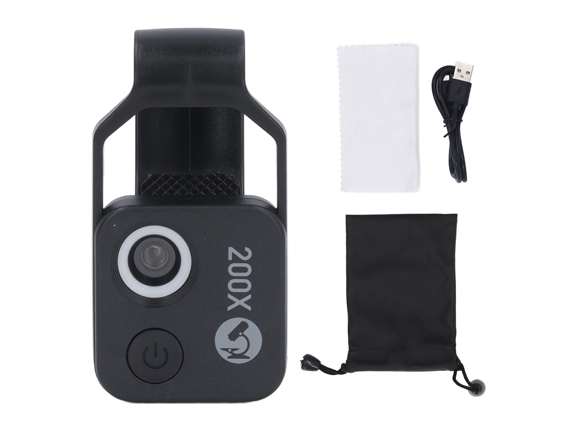 Microscópio Mali de bolso para celular 200x com luz LED e clip universal preto