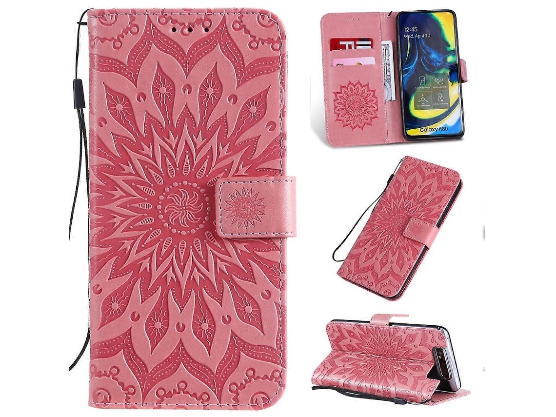 Capa De Couro Pu Com Estampa De Girassol Impressa Em Relevo, Formato Flip Horizontal, Para Galaxy A80, Com Suporte, Compartimentos Para Cartões, Carte