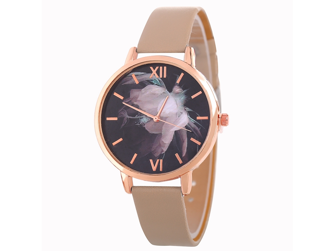 Relógio de Pulso Feminino de Quartzo Elegante com Pulseira de Couro Pu Casual Bege