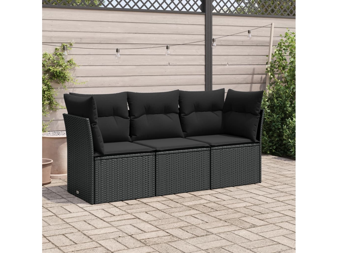 Vidaxl 3 Pcs Conjunto Sofás De Jardim Com Almofadões Vime Pe Preto