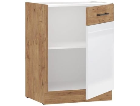 Armário baixo de carvalho Lancelot e melamina branca brilhante 60 cm 1 porta sanfonada Tampa não incluída Roca