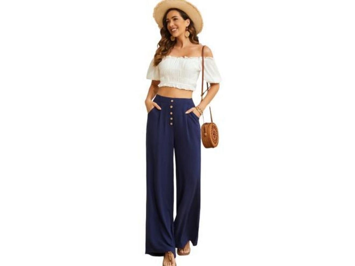 2026 pantalones Anchos de Algodón Y Lino para Mujer de Cintura Alta Con Bolsillos Verano Flowy XXL Azul Marino