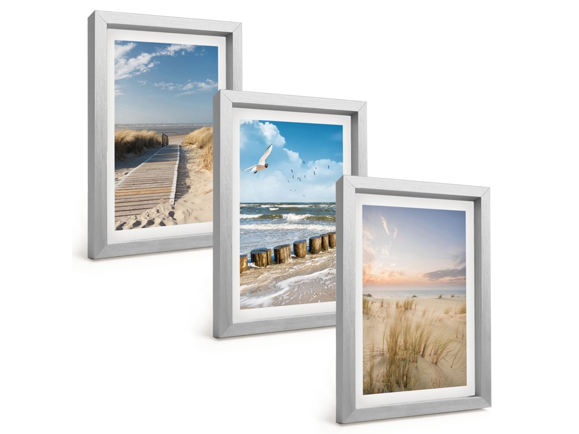 Galeria De Pinturas Muraispraia, Areia, Ondas, Céu, Pássaros Moldura Prateada Fotos Para O Escritório Espelharte (3 Peças 20x30 Cm)