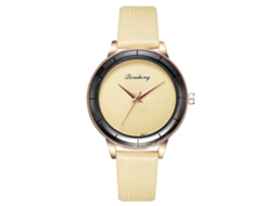 Relógio de Pulso Feminino de Couro Pu Simples Moda Dial Redondo Quartzo Amarelo