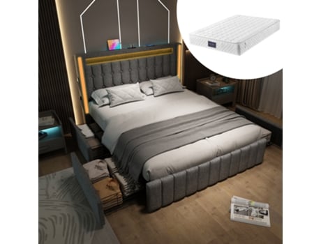 Estrado Estofada Led Usb Pangshiyaun Linho Cinzento (104x209x169cm)
