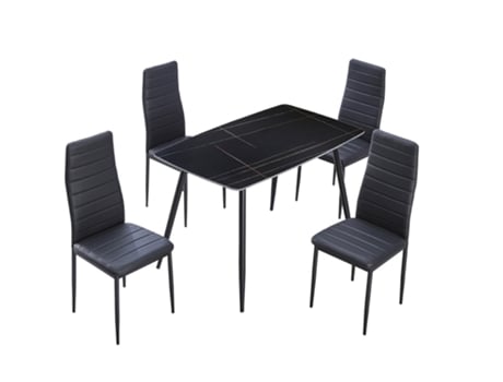 Mesa em Vidro Temperado 120Cm + 4 Cadeiras em Couro Sintético. Sala de Jantar Ou Cozinha Preto SALDOSYSTOCKS
