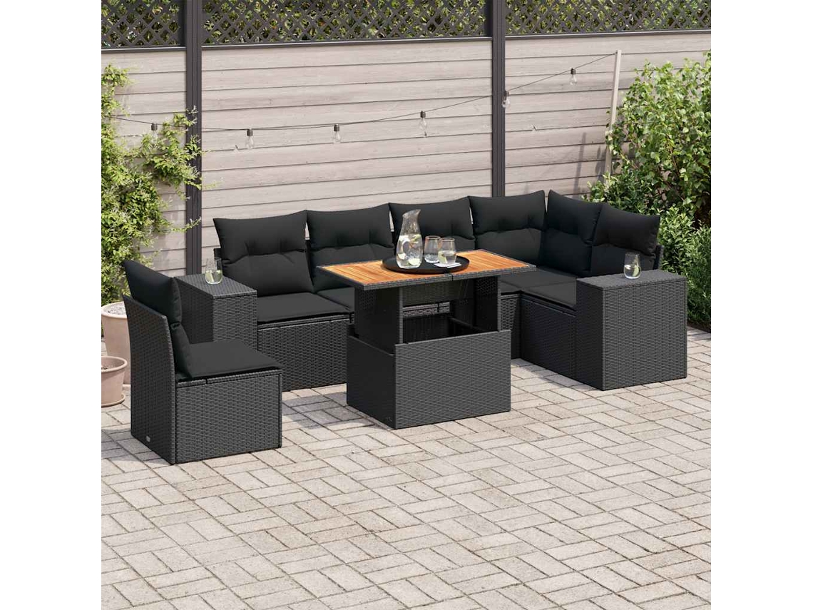 Vidaxl 7 Pcs Conjunto De Sofás P/ Jardim C/ Almofadões Vime Pe Preto