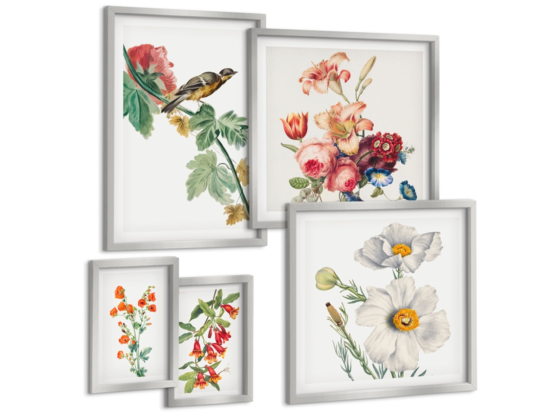 Composição De Quadros Na Parede Ruas Charmosas Com Plantas E Mar Moldura Prateada Quadros Para A Sala De Estar Espelharte (conjunto De 5 Imagens)