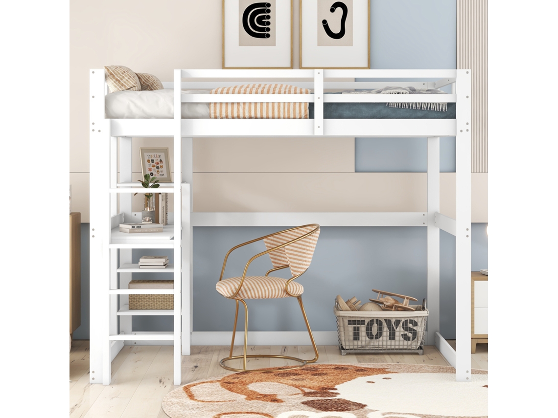 Cama Alta Kinderbett Pinho Com Armazenamento 4 Prateleiras Prato Branco 140x200 Cm