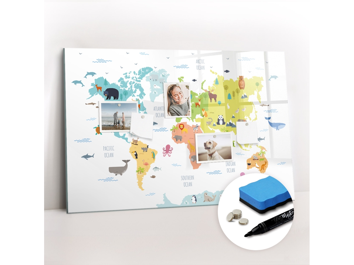 Quadro Magnético Decorativo Mapa-múndi Com Animais Para O Escritório Espelharte (90x60 Cm)