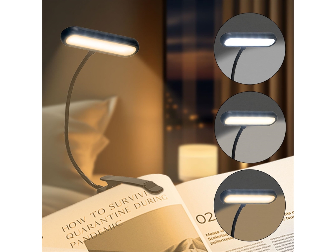 Luminária De Leitura Led Recarregável Via Usb Com Clipe Para Livros, 3 Temperaturas De Cor E Luz Noturna.