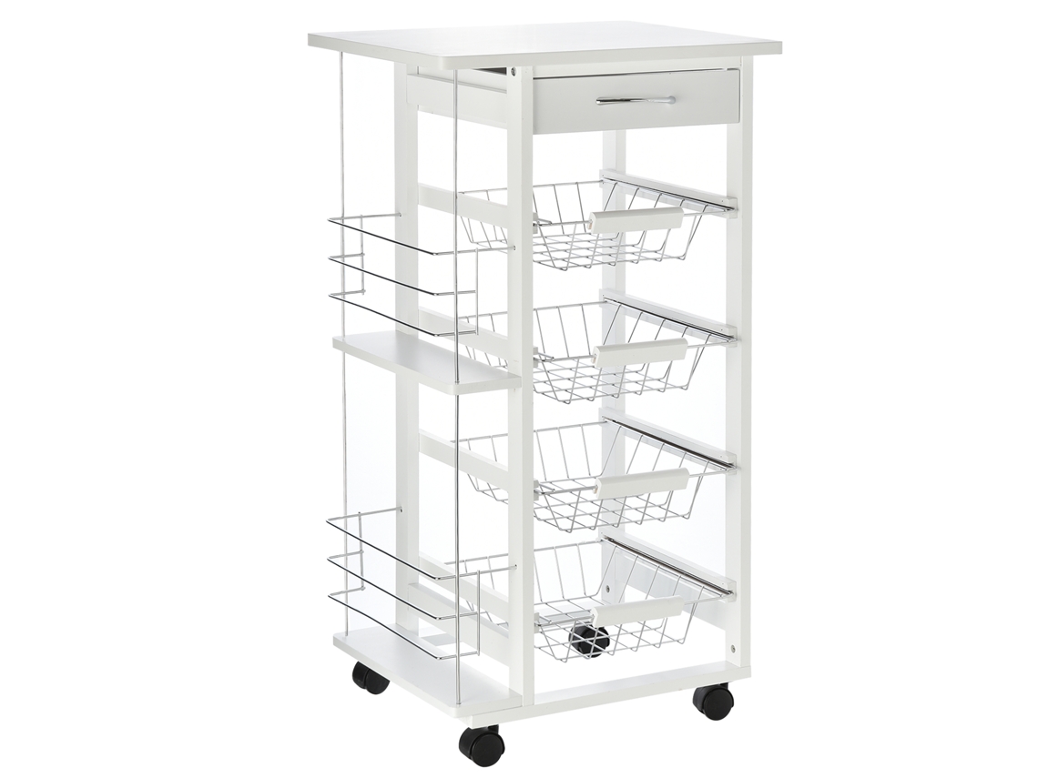 Carrinho de Cozinha Vista com gaveta, 4 cestos e prateleiras laterais, 47x37x83cm, branco