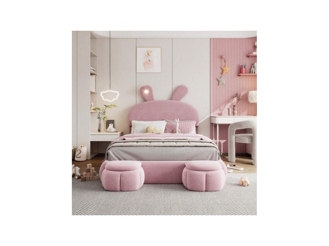 Cama Estofada, Cama De Casal, Cama Hidráulica, Orelhas De Coelho Com Faixas De Luz De Cores Quentes Com Brilho Ajustável, Espaço De Armazenamento So